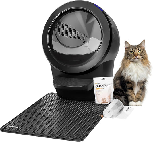 Litter-Robot 4 Beginner Bundle by Whisker, Black - Automatic, Self-Cleaning Litter Box, Includes Litter-Robot, Fence, Mat, 2 OdorTrap Pack Refills, 25 Waste Drawer Liners & 1 Year of WhiskerCare - PuriLite