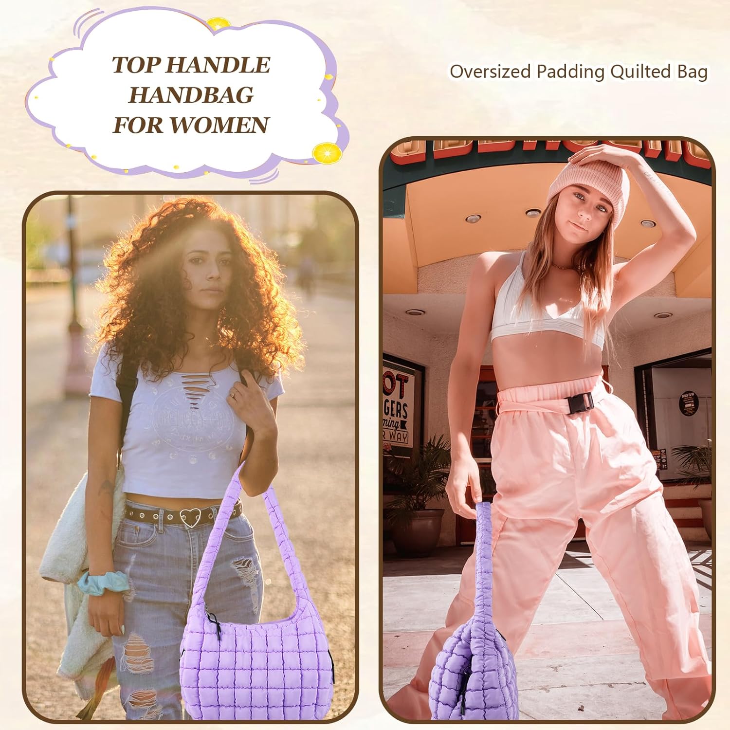 Quilted Puffer Tote Bag Large Crossbody Shoulder Bag with Zipper, Nylon Hobo Oversized Handbag - PuriLite