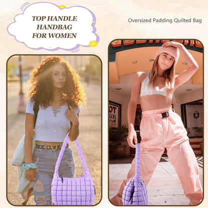 Quilted Puffer Tote Bag Large Crossbody Shoulder Bag with Zipper, Nylon Hobo Oversized Handbag - PuriLite