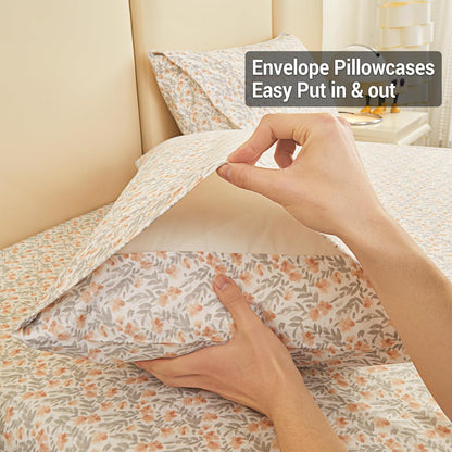 Viviland Floral Queen Sheet Set - 4 Piece Vintage Pink & Yellow Flower Patterned Bed Sheets - Soft, Breathable Microfiber Sheets with Deep Pocket, Non-Slip Fitted Sheets & Pillowcases - PuriLite