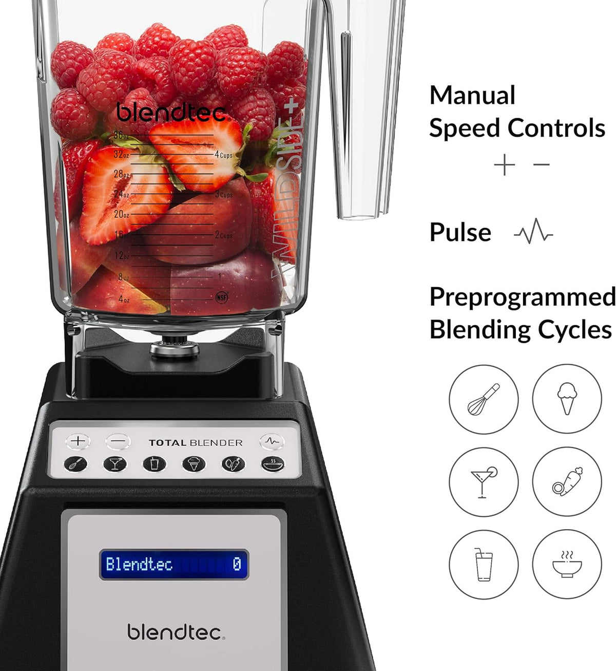 Blendtec Total Classic Original Blender - WildSide+ Jar (90 oz) - Professional-Grade Power - 6 Pre-programmed Cycles - 10-speeds - Black - PuriLite