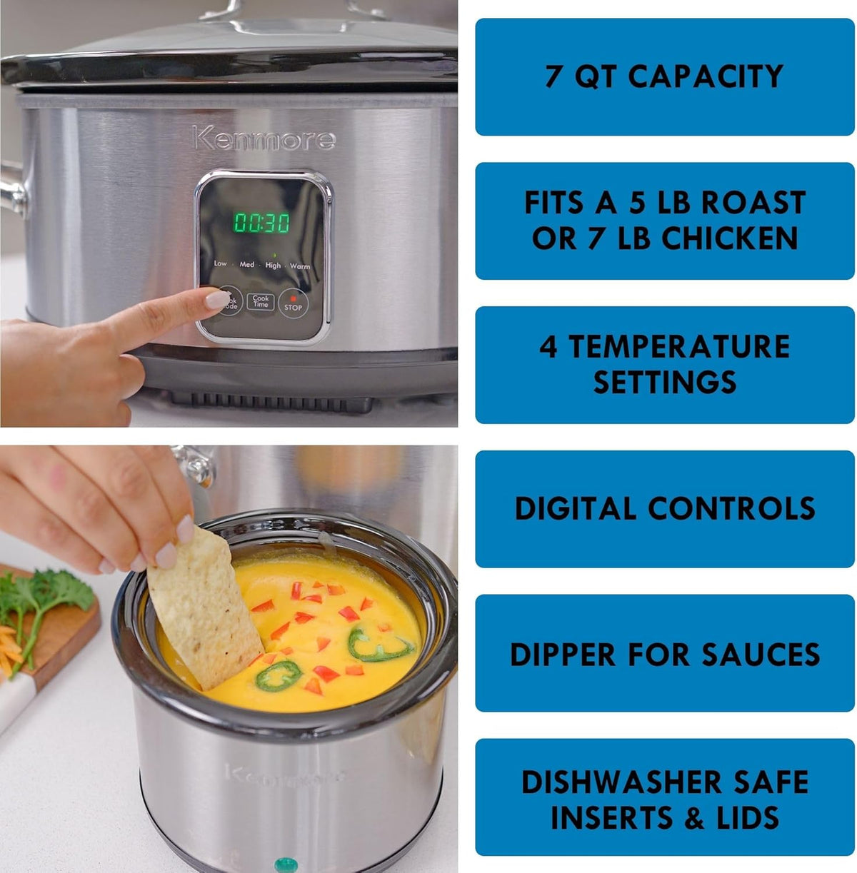 Kenmore 7 Quart Slow Cooker - Programmable Crock Pot with Dipper, Stainless Steel Electric Cookers, Warm Rice & Sous Vide Stew Soup for Lunch, Dishwasher Safe Non-Stick Ceramic Insert, Digital Control - PuriLite