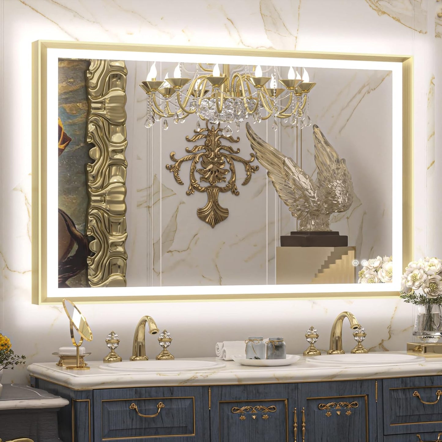 TETOTE 28x36 LED Mirror for Bathroom Black Metal Frame Frontlit & Backlit Lighted Vanity Mirror Baroque Gothic Anti Fog Stepless Dimmable White/Warm/Natural,Wall Mounted(Horizontal/Vertical) - PuriLite