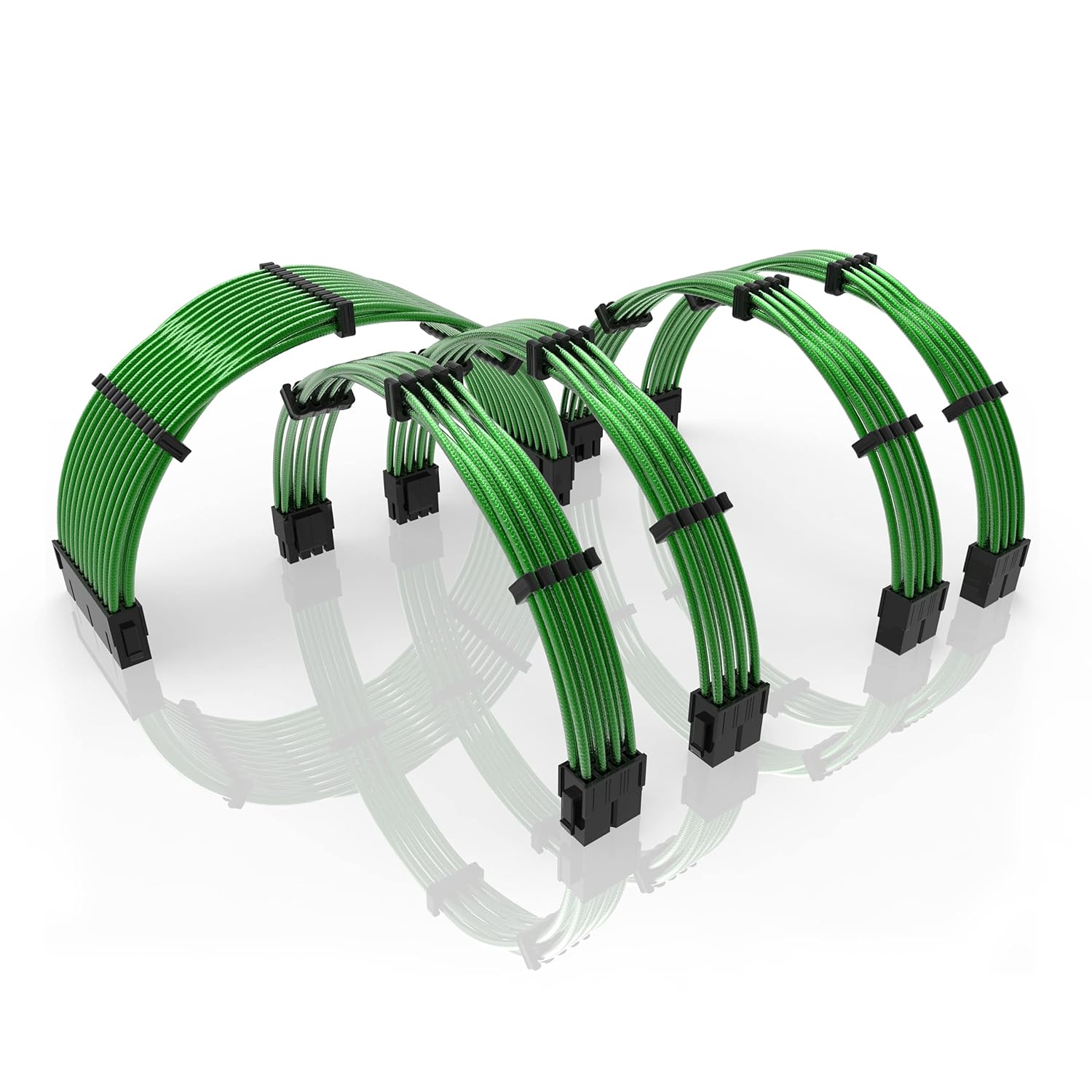 LINKUP - 30cm Super Soft and Flexible PSU Cable Extension Sleeved Custom Mod GPU PC Braided w/Comb Kit | 1 x 24 P (20+4) | 2 x 8 P (4+4) CPU | 2 x 8 P (6+2) GPU Set | 300mm - Blackgreen - PuriLite