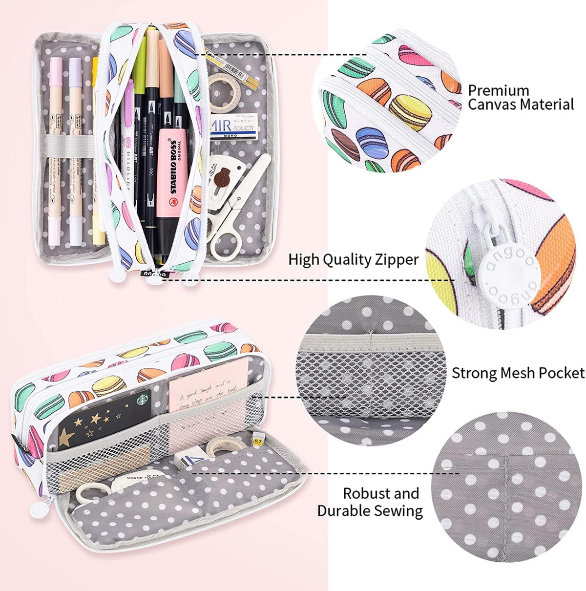 Big Capacity Pencil Case, OLIYuMi 3 Compartment Pencil Pouch Pencil Bag Storage Box Stationery Organizer Makeup Bag with Zipper Closure for Student Office College Boys and Girls (Pink) - PuriLite