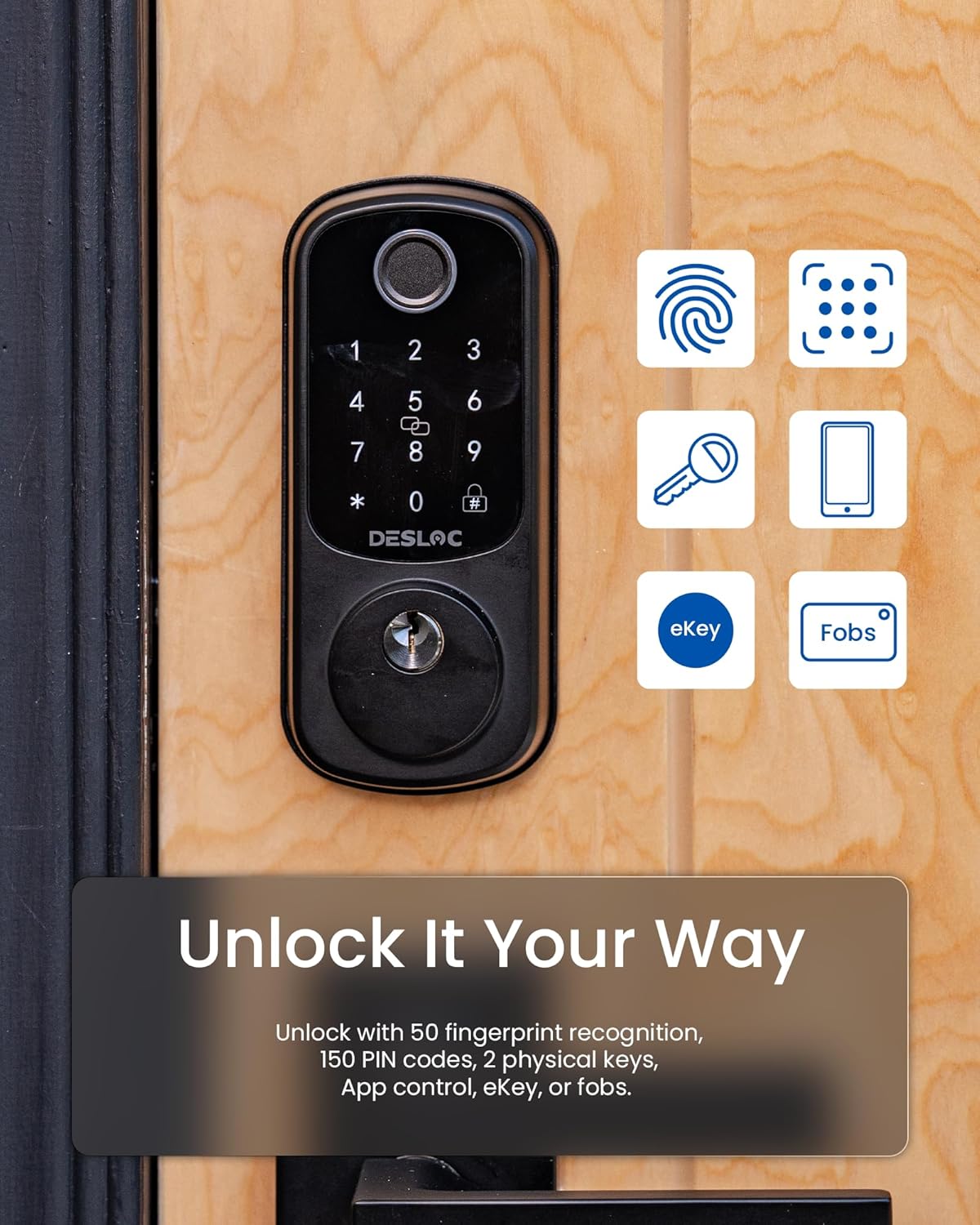 DESLOC B200 Fingerprint Smart Door Lock, Keyless Entry Door Lock, App Control, Easy Installation, Front Door Smart Deadbolt Lock, Touchscreen Keypad, Emergency Power Port, 12 Months Battery, IP54 - PuriLite