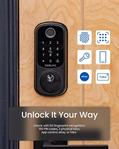 DESLOC B200 Fingerprint Smart Door Lock, Keyless Entry Door Lock, App Control, Easy Installation, Front Door Smart Deadbolt Lock, Touchscreen Keypad, Emergency Power Port, 12 Months Battery, IP54 - PuriLite