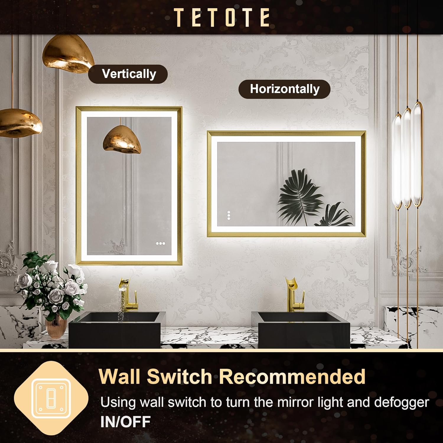 TETOTE 28x36 LED Mirror for Bathroom Black Metal Frame Frontlit & Backlit Lighted Vanity Mirror Baroque Gothic Anti Fog Stepless Dimmable White/Warm/Natural,Wall Mounted(Horizontal/Vertical) - PuriLite