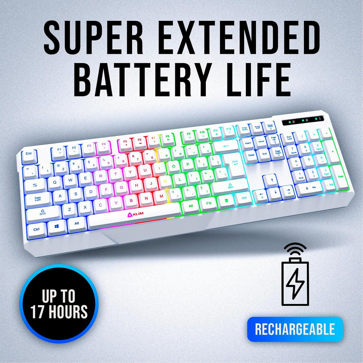 KLIM  Chroma Wireless Gaming Keyboard RGB New - Long-Lasting Rechargeable Battery - Quick and Quiet Typing - Water Resistant Backlit Wireless Keyboard for PC PS5 PS4 Mac - Black - PuriLite