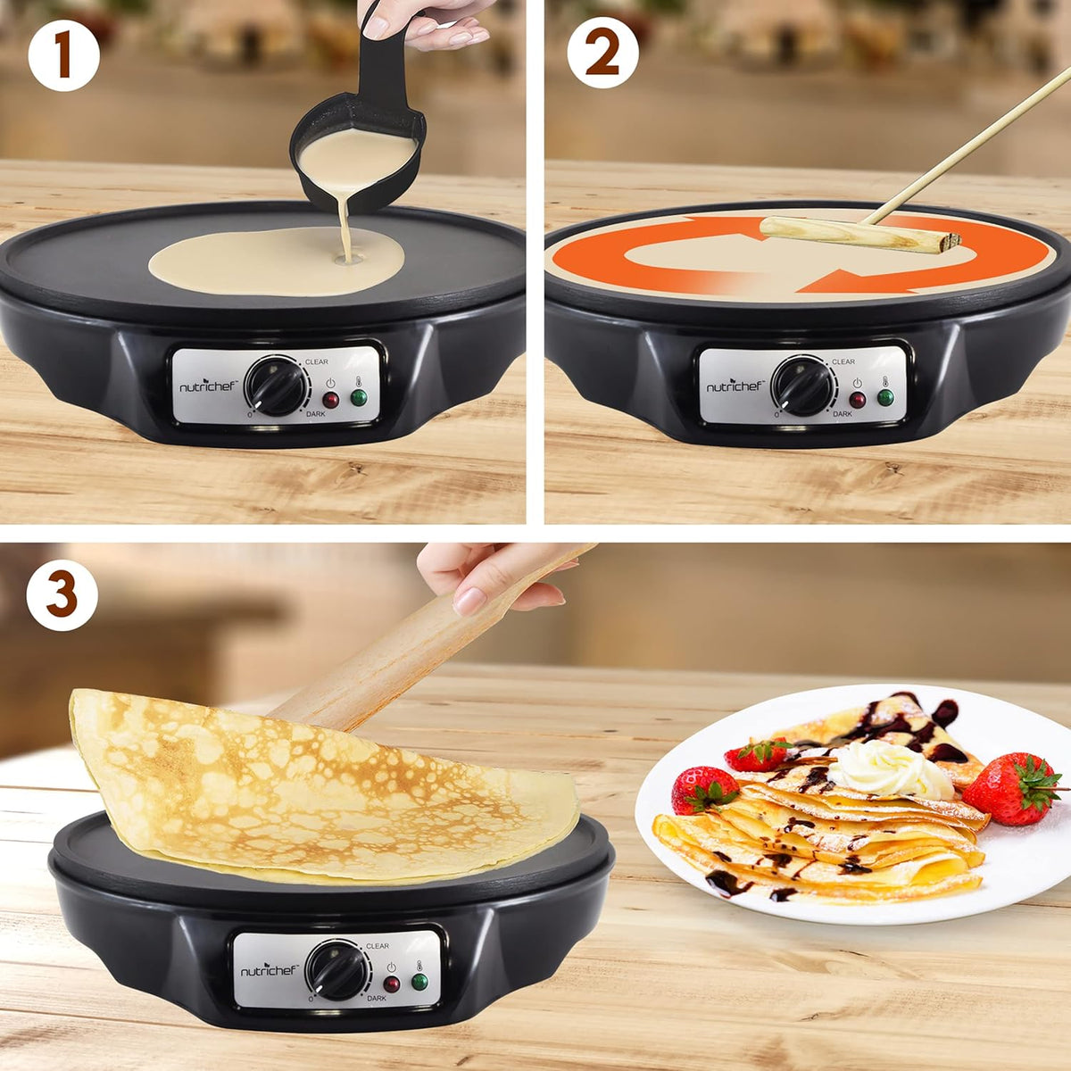 NutriChef Electric Crepe Maker, Cooks Roti, Tortillas, Pancakes, Nonstick Cooktop, 8-inch Cook Area On/Off Switch, Automatic Temperature Control & Cool Touch Handle, Includes Food Bowl, Whisk, Spatula - PuriLite
