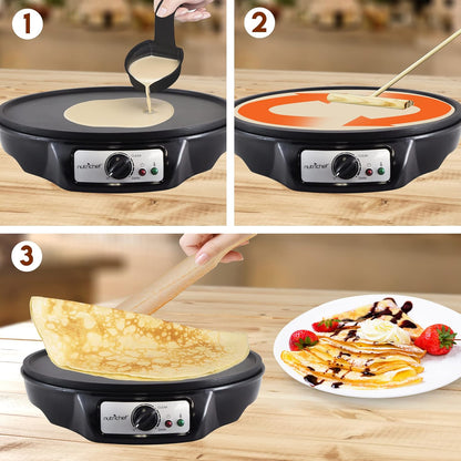 NutriChef Electric Crepe Maker, Cooks Roti, Tortillas, Pancakes, Nonstick Cooktop, 8-inch Cook Area On/Off Switch, Automatic Temperature Control & Cool Touch Handle, Includes Food Bowl, Whisk, Spatula - PuriLite