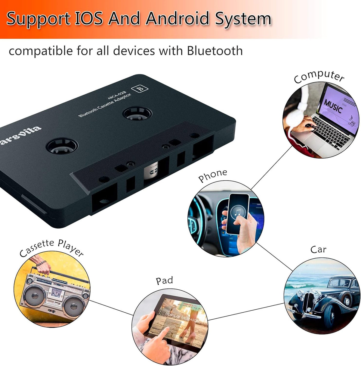 arsvita Car Audio Bluetooth Wireless Cassette Receiver, Tape Player Bluetooth 5.0 Cassette Aux Adapter, Black - PuriLite