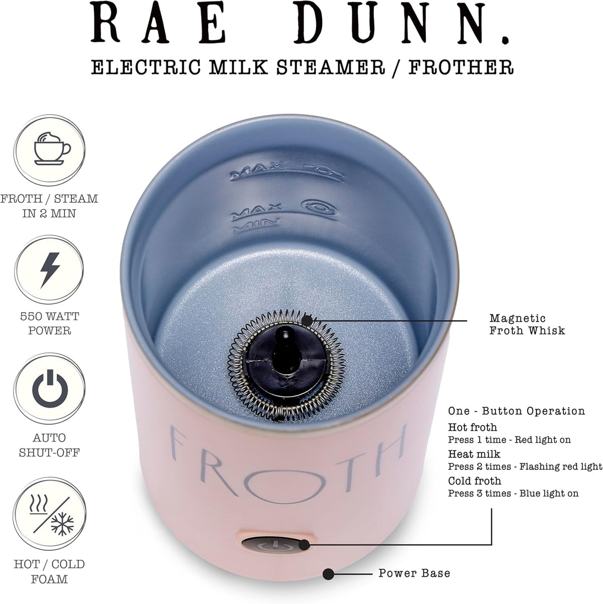 Rae Dunn - Electric Milk Frother - Elegant Automatic Milk Steamer and Frother, Milk Warmer, Hot and Cold Frothing Machine for Coffee, Latte, Cappuccino, Macchiato, - PuriLite