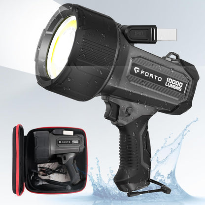 FORTO Rechargeable Spotlight 5000LM, IPX7 Waterproof Flashlight with 5200mAh Long-Lasting Battery, 7 Modes Handheld Light with EVA Case, for Boat, Hunting, Emergency, Outdoor Use - PuriLite