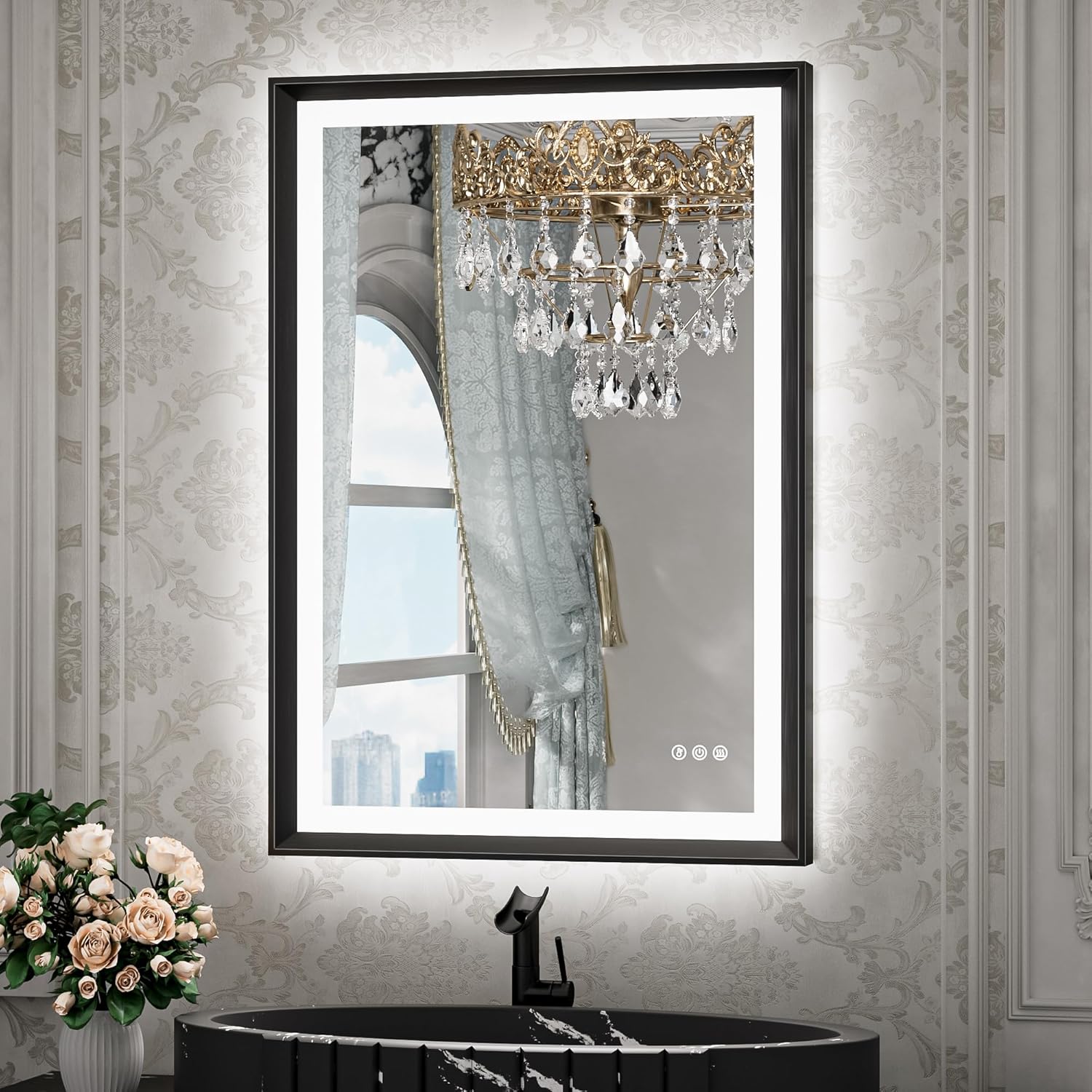 TETOTE 28x36 LED Mirror for Bathroom Black Metal Frame Frontlit & Backlit Lighted Vanity Mirror Baroque Gothic Anti Fog Stepless Dimmable White/Warm/Natural,Wall Mounted(Horizontal/Vertical) - PuriLite