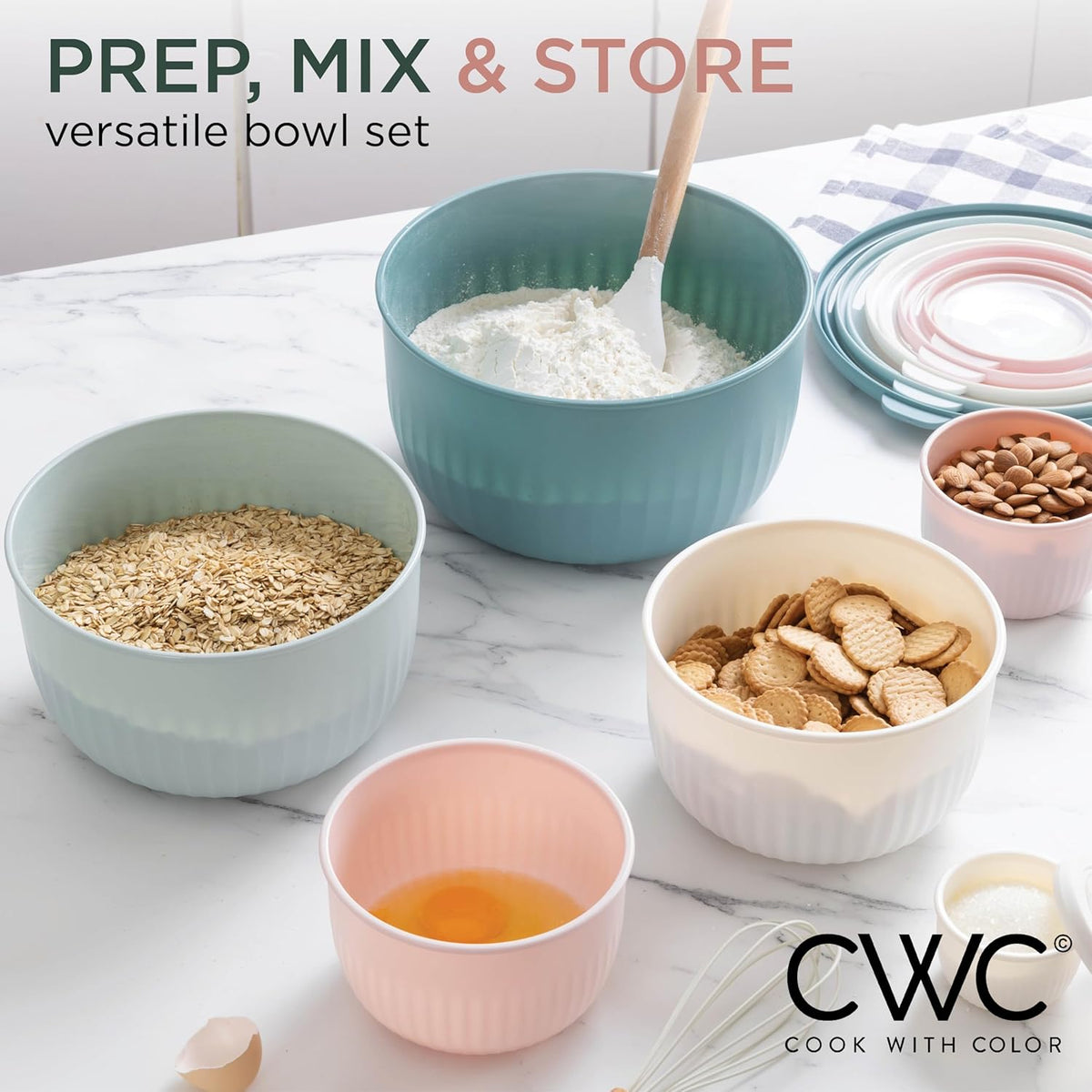COOK WITH COLOR Prep Bowls with Lids- 8 Piece Nesting Plastic Small Mixing Bowl Set with Lids (Teal Ombre) - PuriLite