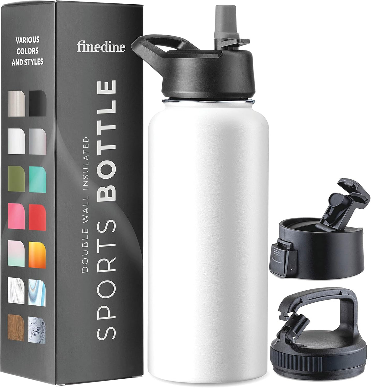 FineDine Water Bottle - Stainless Steel Insulated Water Bottle with Straw Lid, Flip Lid & Wide-Mouth Cap - Keeps Hot and Cold - 25 Oz / 739ml - Pure Pearly White - PuriLite