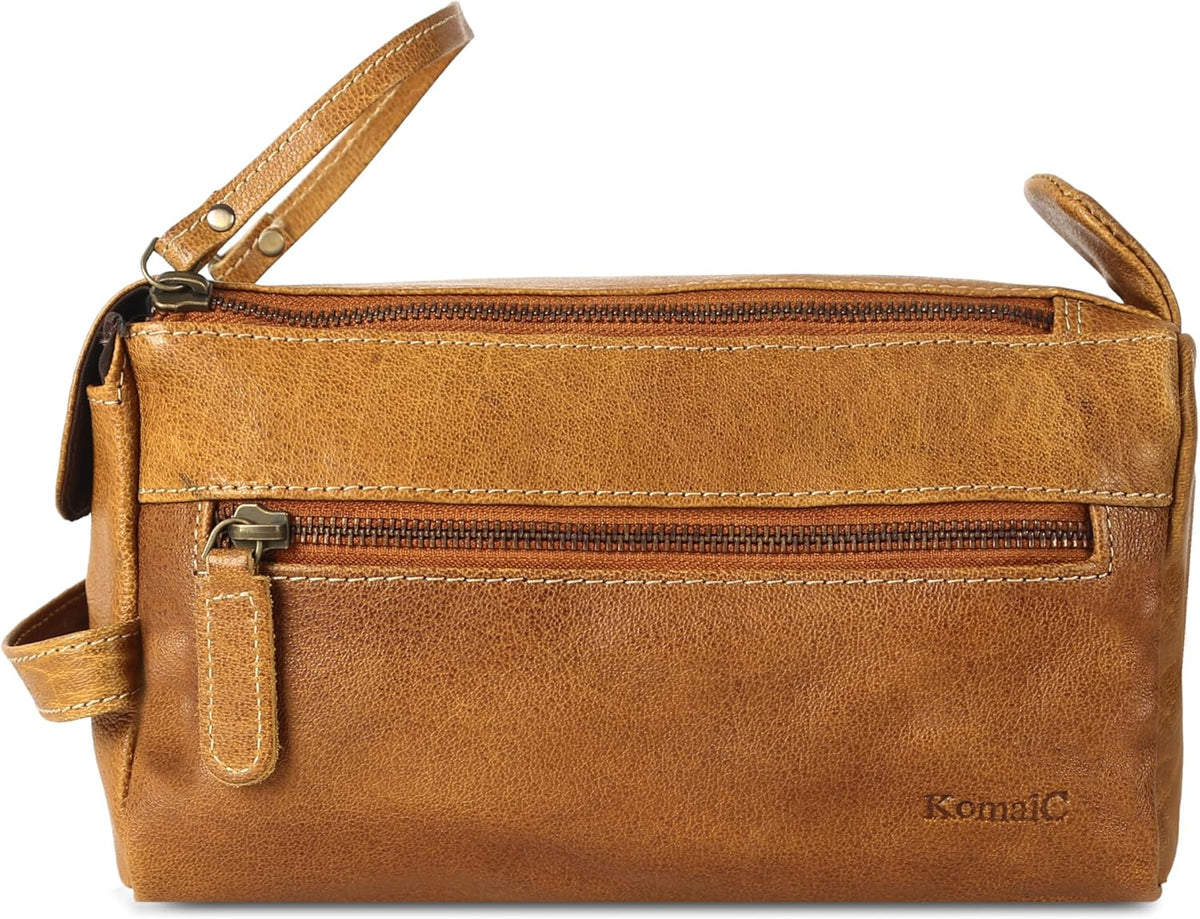 Premium Buffalo Leather Unisex Toiletry Bag Travel Dopp Kit Shaving kit (Distressed Tan) - PuriLite