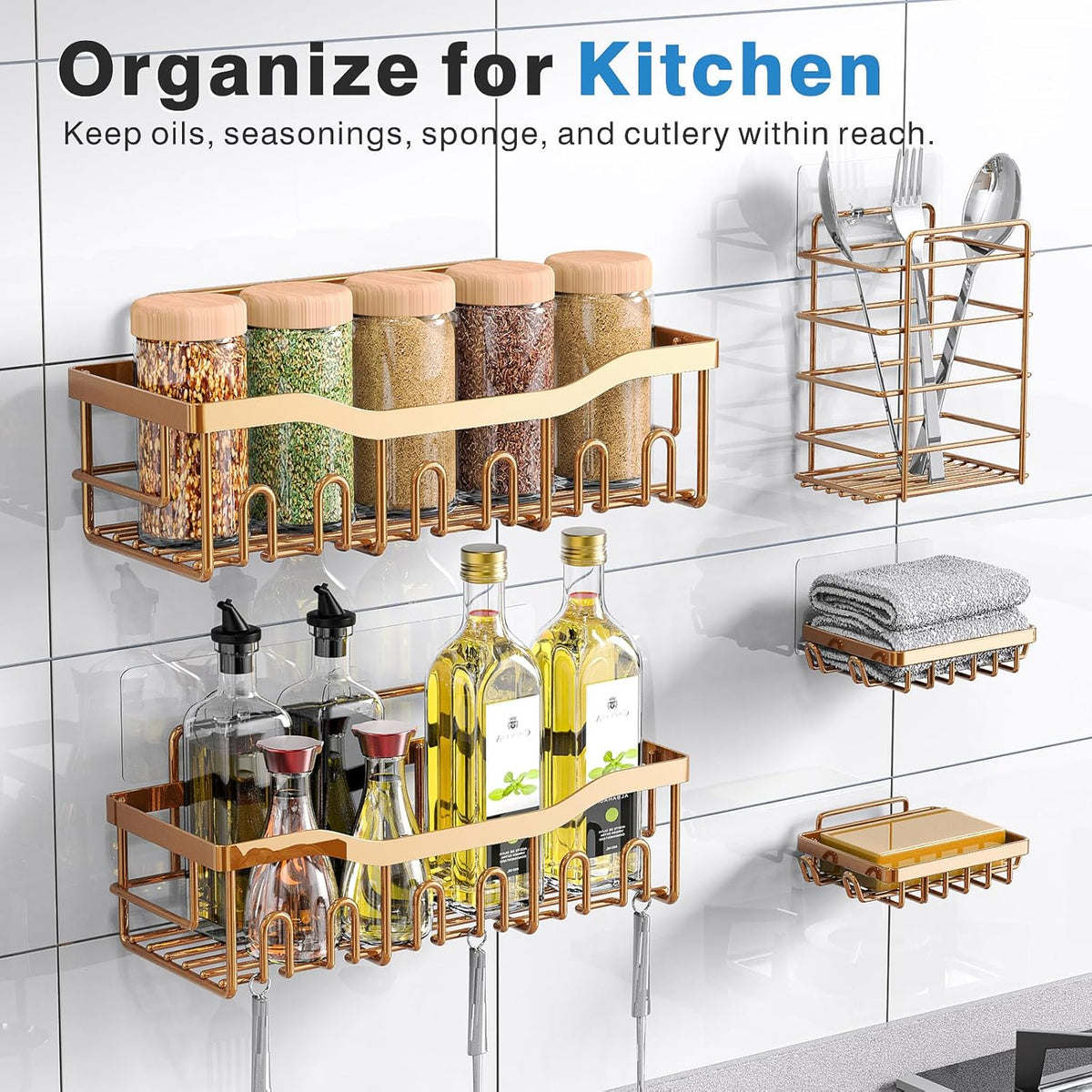 EUDELE 5-Pack Rustproof Stainless Steel Shower Caddy – No Drill Adhesive Bathroom Organizer with Large Capacity, Spacious Shower Shelves for Inside Shower, Kitchen & Home Decor Storage - PuriLite