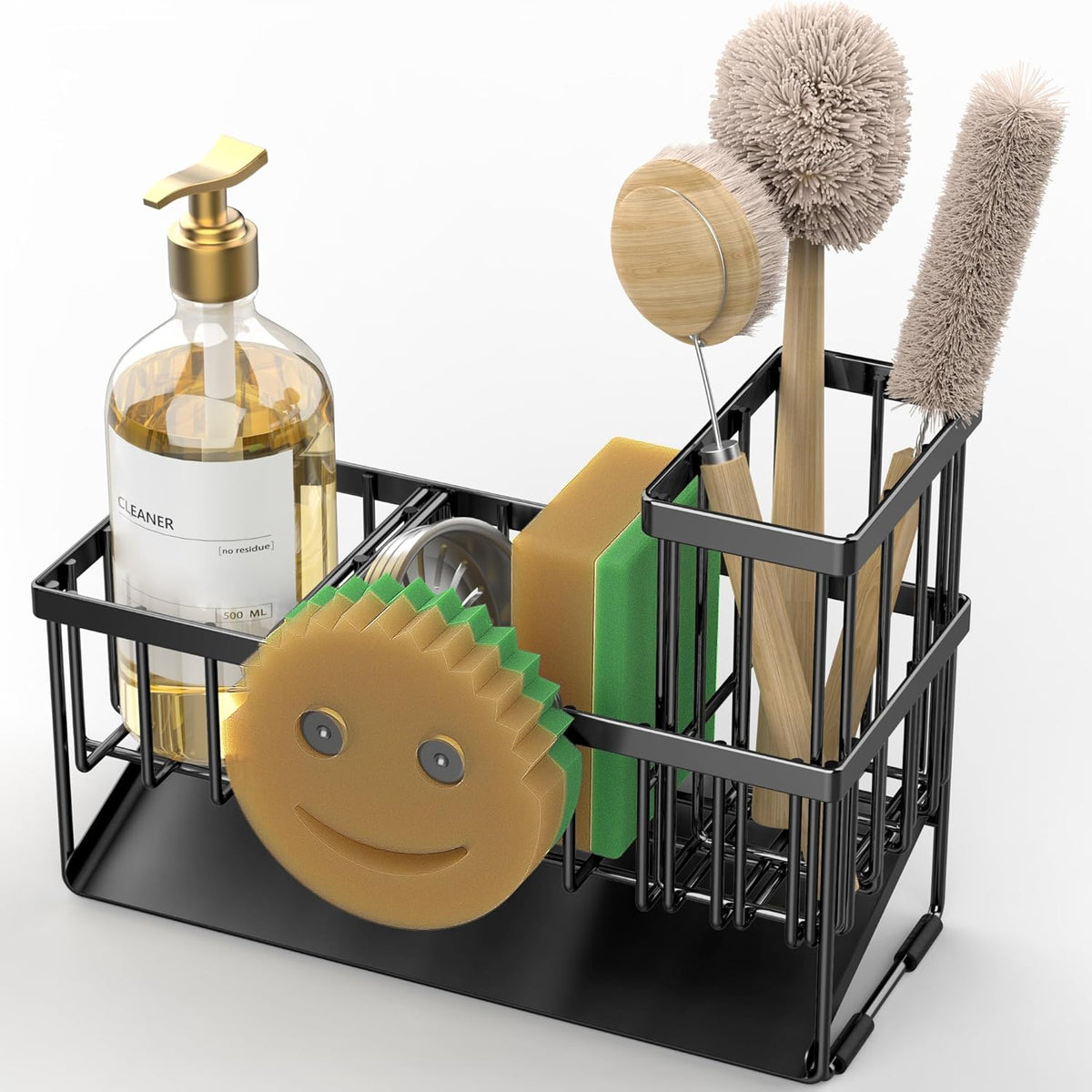 Cisily Kitchen Sink Caddy Organzier with High Brush Holder, Sponge Holder for Sink, 304 Rustproof Stainless, Kitchen Countertop Soap Dispenser Organizer, Kitchen Decor and Accessories (Black) - PuriLite