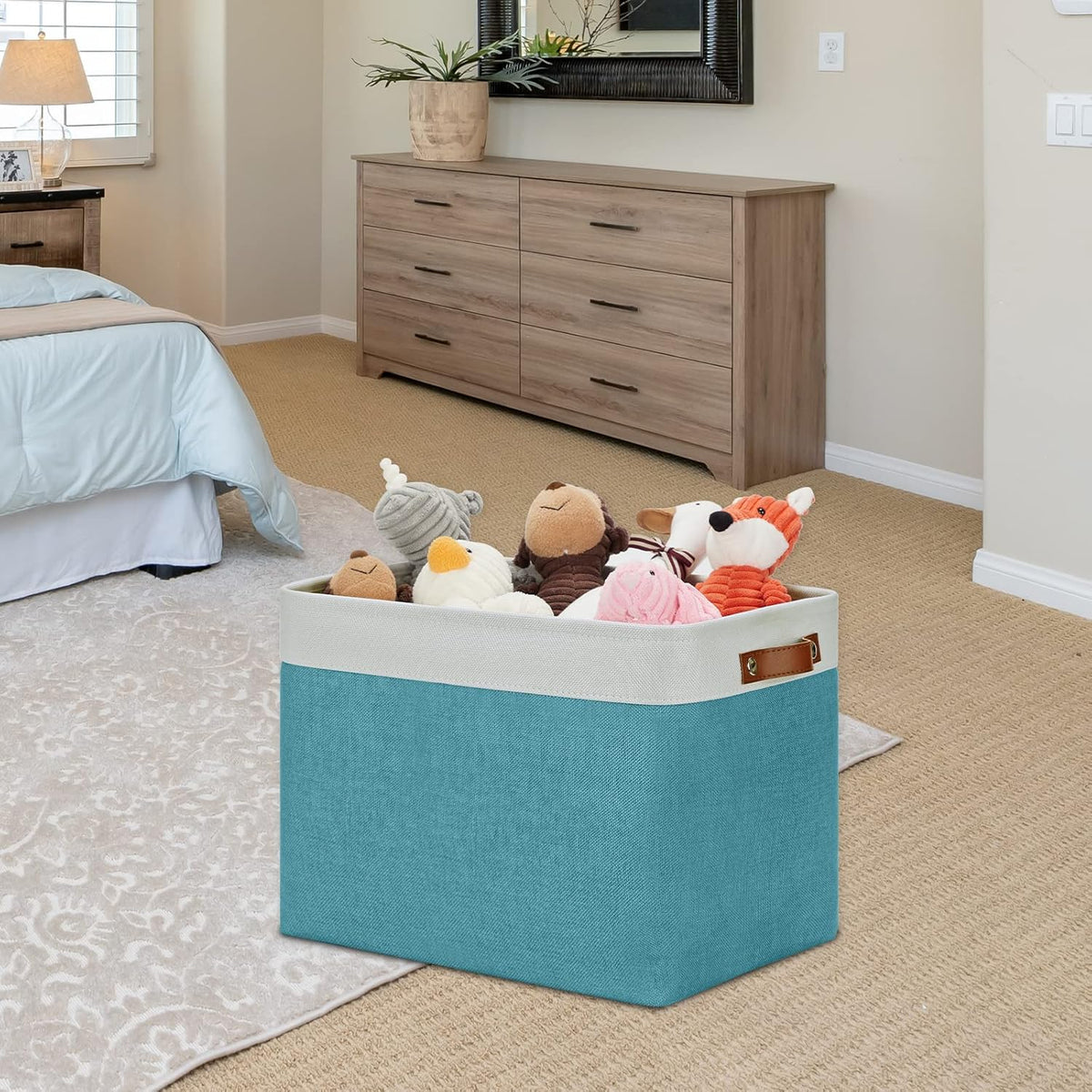 DULLEMELO Storage Baskets for Shelves, Fabric Collapsible Rectangular Storage Bins for Shelves, Closets, Nursery, Home, Office, Empty Gift Baskets (White&Teal) - PuriLite