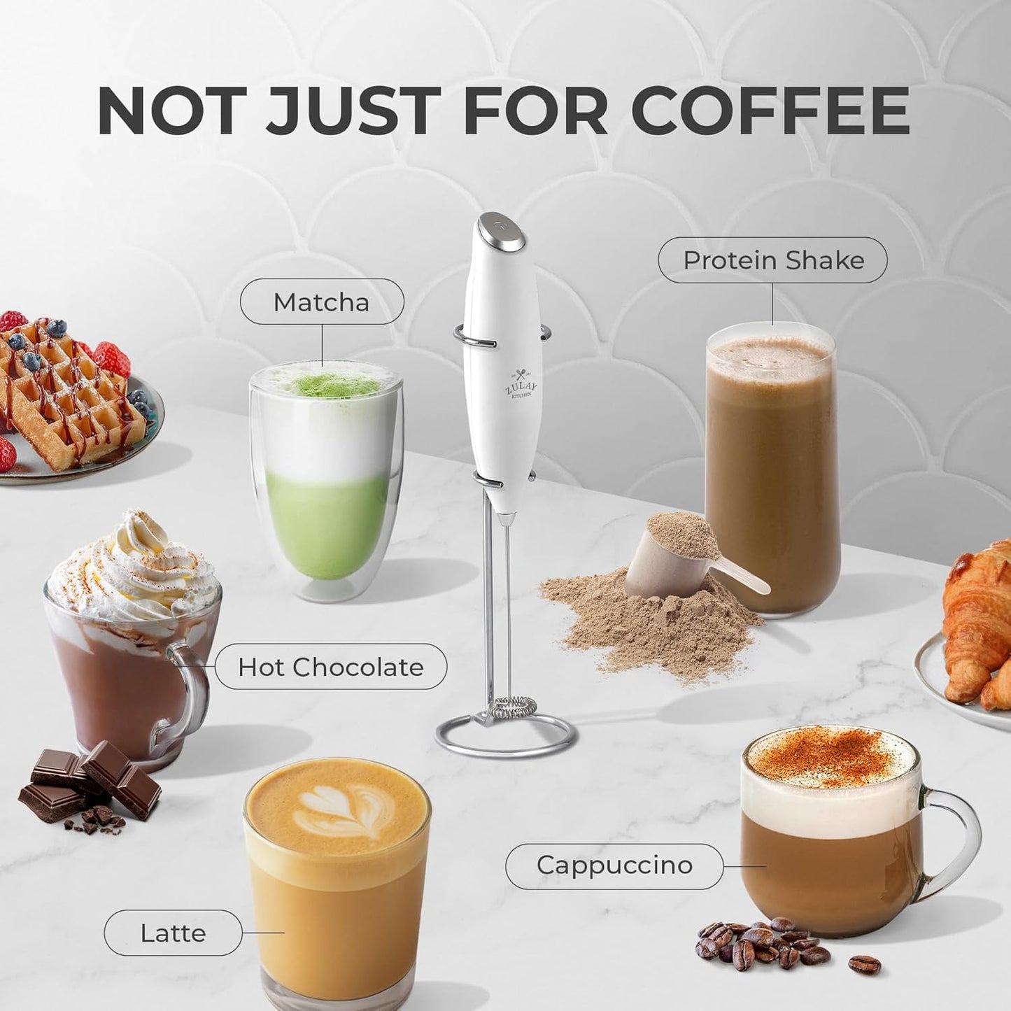 Zulay Kitchen Powerful Double Whisk Milk Frother Handheld - Foam Maker with Stand - Whisk Drink Mixer for Coffee, Mini Foamer for Latte, Matcha, Frappe, Hot Chocolate & Cappuccino (Black) - PuriLite