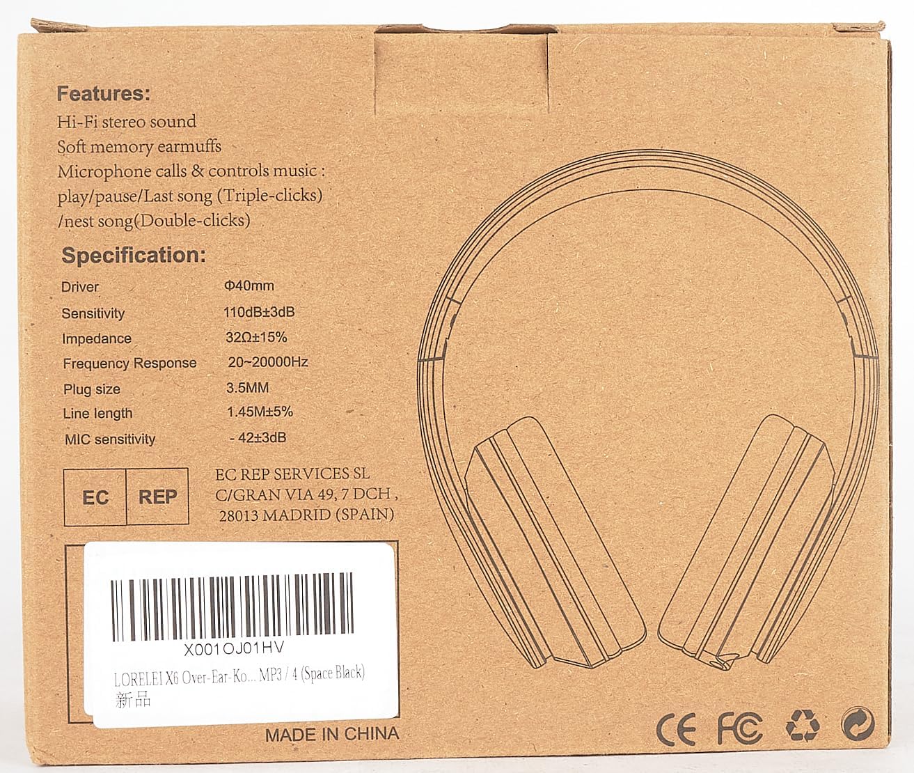 LORELEI X6 Over-Ear Wired Stereo Bass Headphones with Microphone, Lightweight, Foldable & Portable with 1.45M No-Tangle for Smartphone, Tablet, MP3/4, Space Black - PuriLite