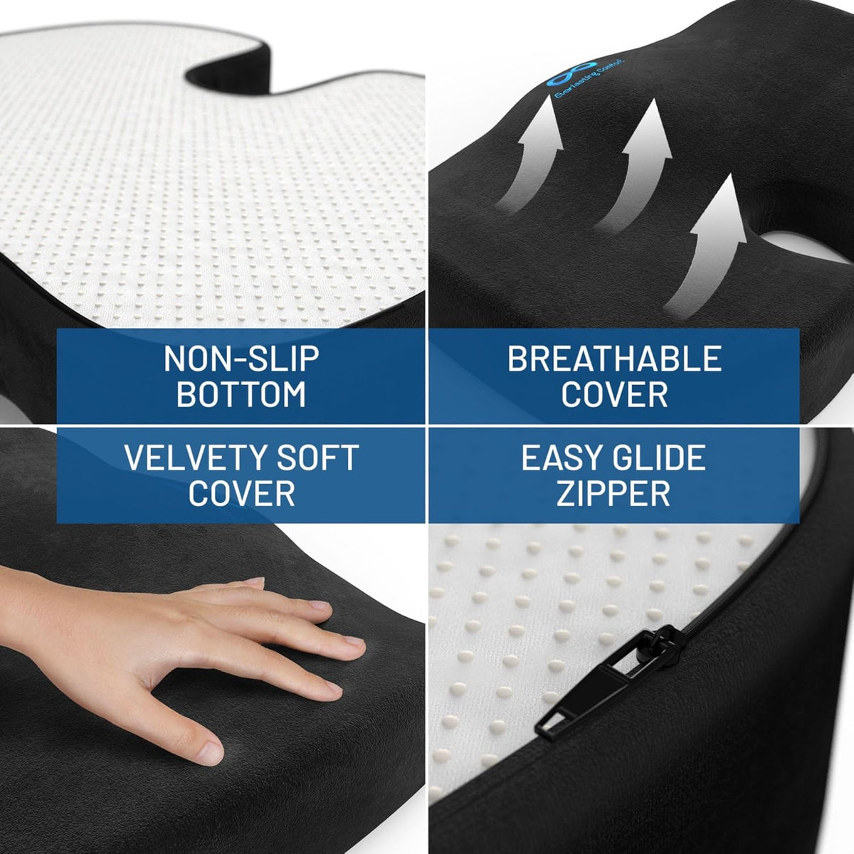 Everlasting Comfort Memory Foam Seat Cushion - Office Chair Cushion for Work, Travel, Car Support Pillow for Driving - Portable Seat for Chairs and Desks - Coussin Chaise - Black - PuriLite
