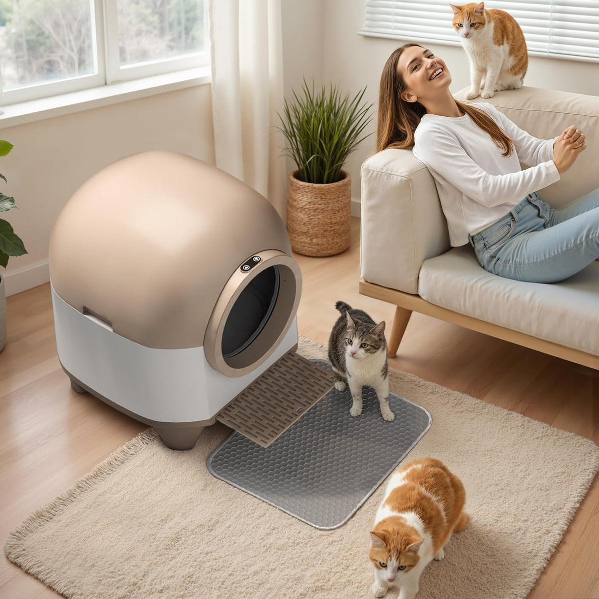 GUNJI Self Cleaning Litter Box, 90L Automatic Cat Litter Box for Multiple Cats, App Control-No Scoop, Large Kitty Box with Safety Protection, Includes Mat, 1 Garbage Bags (Gray) - PuriLite