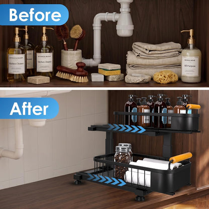 Premium Large Under Sink Organizer, 2-Tier Pull Out, Adjustable Heavy-duty carbon steel, 7 adjustable heights, smooth ball-bearing baskets for kitchen and bathroom cabinets