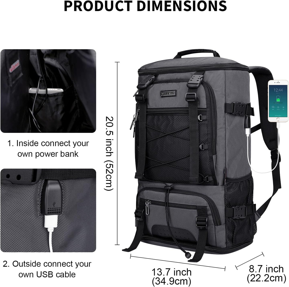 WITZMAN Travel Backpack for Men Large Carry on Backpack Convertible 3 in 1 Bags with Shoe Compartment Fit 17 Inch Laptop(B689 Black) - PuriLite
