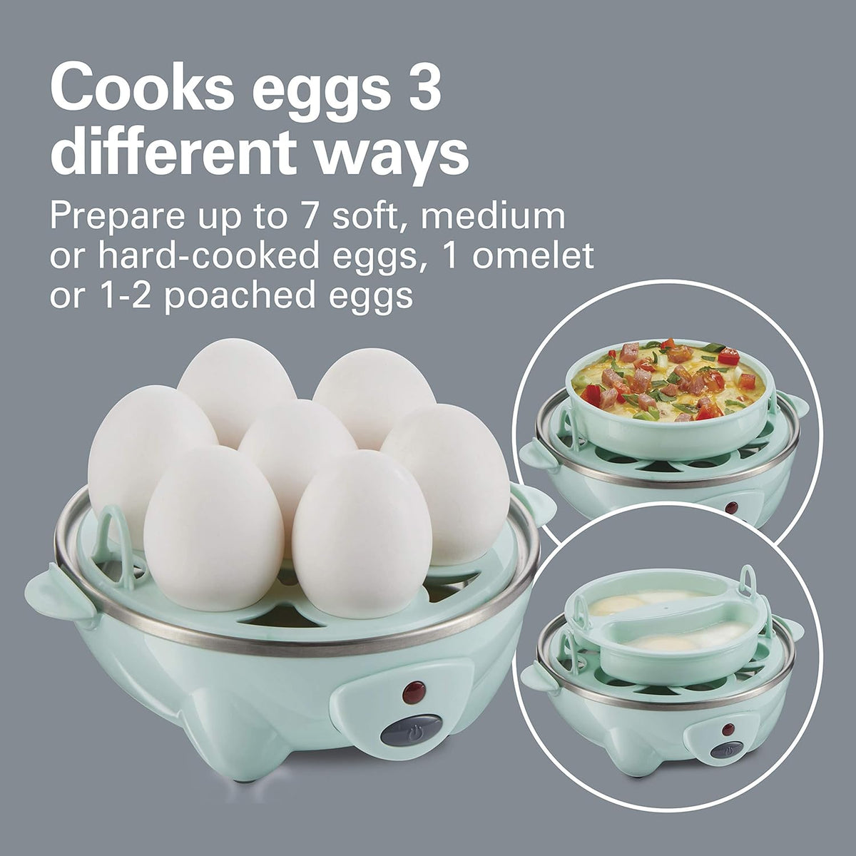 3-in-1 Electric Egg Cooker with Poacher, Omelet Maker & Vegetable Steamer – Holds 7 Eggs, One-Touch Cooking, Fast Boiled Eggs, Mint - PuriLite