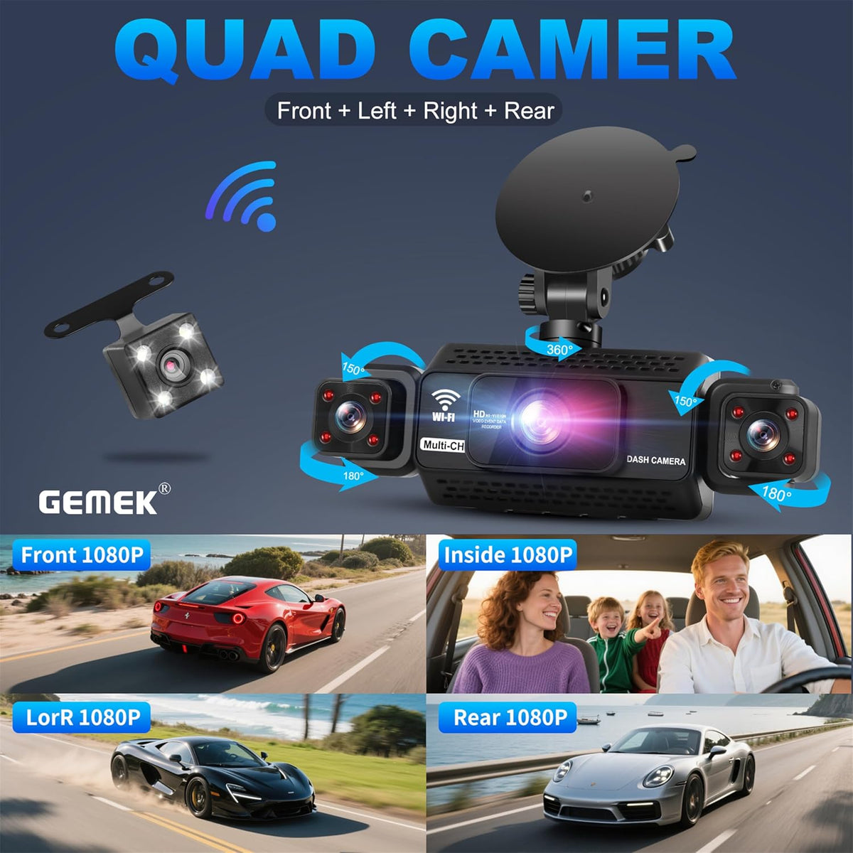 4 Channel Dash Cam 360° View 5G WiFi & APP Control, GEMEK 2K Front and Rear Inside, Left Right Dash Camera for Cars Free 64GB TF Card, G-Sensor, Night Vision, 24H Parking Mode - PuriLite