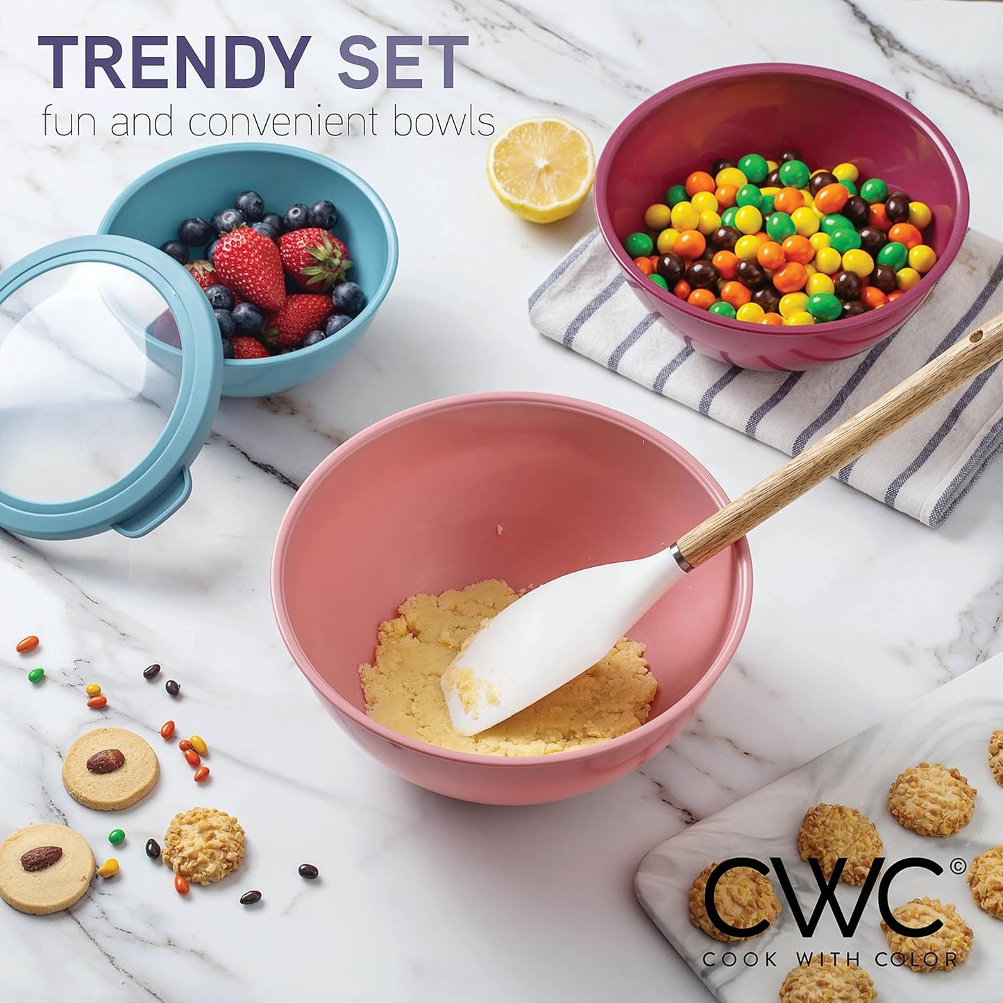 COOK WITH COLOR Mixing Bowls with TPR Lids - 12 Piece Plastic Nesting Bowls Set Includes 6 Prep Bowls and 6 Lids, Microwave Safe Mixing Bowl Set (Mint) - PuriLite