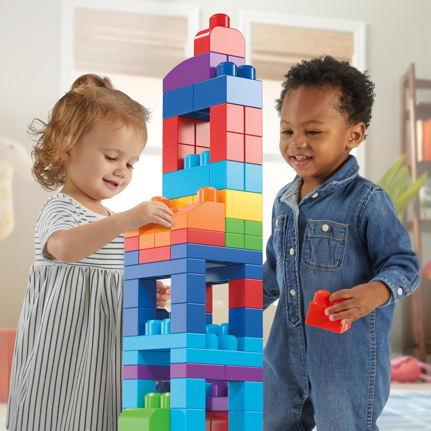 MEGA BLOKS First Builders Toddler Blocks Toys Set, Big Building Bag with 80 Pieces and Storage, Blue, Ages 1+ Years - PuriLite