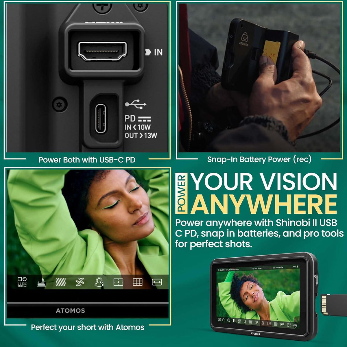 Atomos Shinobi II 5.2" HDMI HDR Monitor – 1500-nit Bright Touchscreen, 4K HDMI Input, AtomHDR, USB-C Power & Camera Control - PuriLite