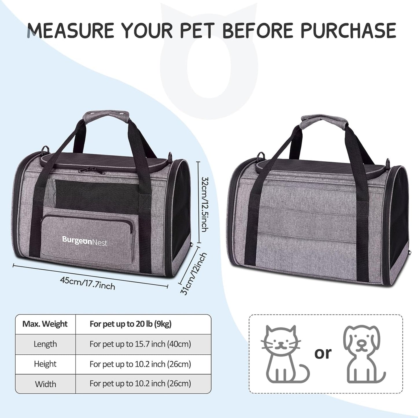 BurgeonNest Cat Carriers for Medium Cats Under 25 lbs, Pet Carrier for Cats with Unique Side Bag,Top Load Small Pet Carrier Soft-Sided Escape Proof with 4 Ventilated Windows - PuriLite