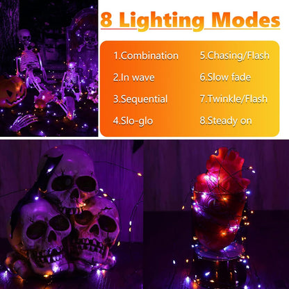 Joomer Orange Purple Halloween Solar String Lights - 2 Pack Total 80FT 240LED Solar Fairy Lights, Waterproof Outdoor Twinkle Lights with 8 Modes for Garden, Porch, Trees, Halloween Decor (Black Wire) - PuriLite
