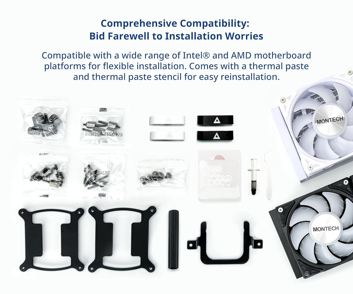 MONTECH HyperFlow ARGB 360 - AIO CPU Liquid Cooler, Intel&AMD Compatible, Chart-Topping Performance, Enhanced 3100RPM Water Pump Design, 3X Metal Pro 12 ARGB Ultimate Cooling Fans - Black - PuriLite