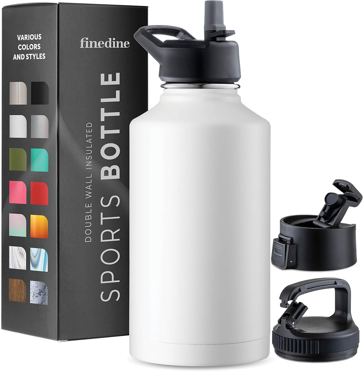 FineDine Water Bottle - Stainless Steel Insulated Water Bottle with Straw Lid, Flip Lid & Wide-Mouth Cap - Keeps Hot and Cold - 25 Oz / 739ml - Pure Pearly White - PuriLite