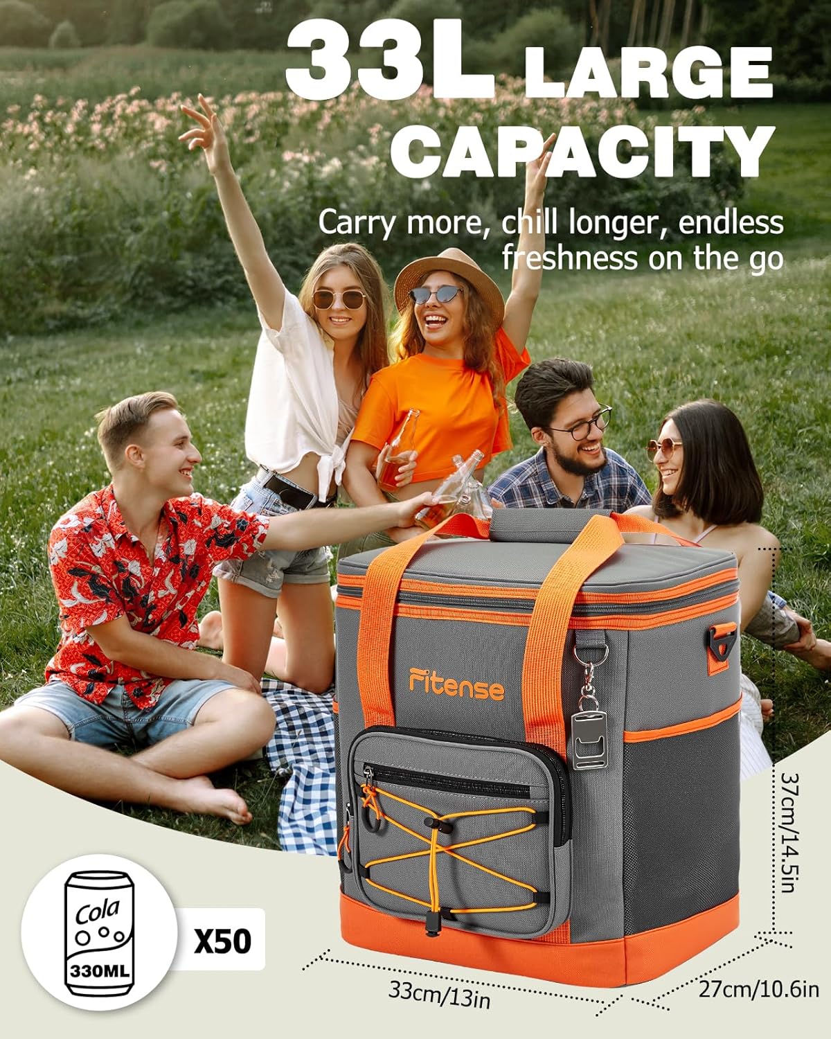 Fitense Soft Cooler Bag Insulated 50 Cans/33L, 27 Cans/20L Camping Cooler 4-Layer Leakproof, Collapsible Portable Lunch Cooler for Beach, Travel, Picnic, Grocery, Kayaking - PuriLite