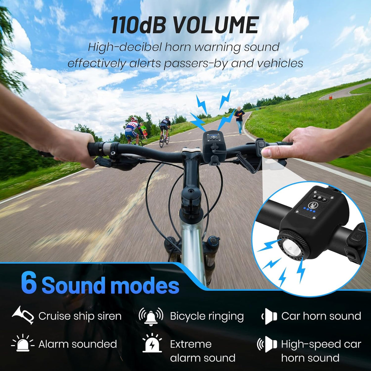 Bike Horn with Light, 110 dB Bicycle Electric Horn Front Headlight, 6 Sounds and 4 Light Modes, Adjustable Brightness Volume, USB Rechargeable, Battery Powered - PuriLite