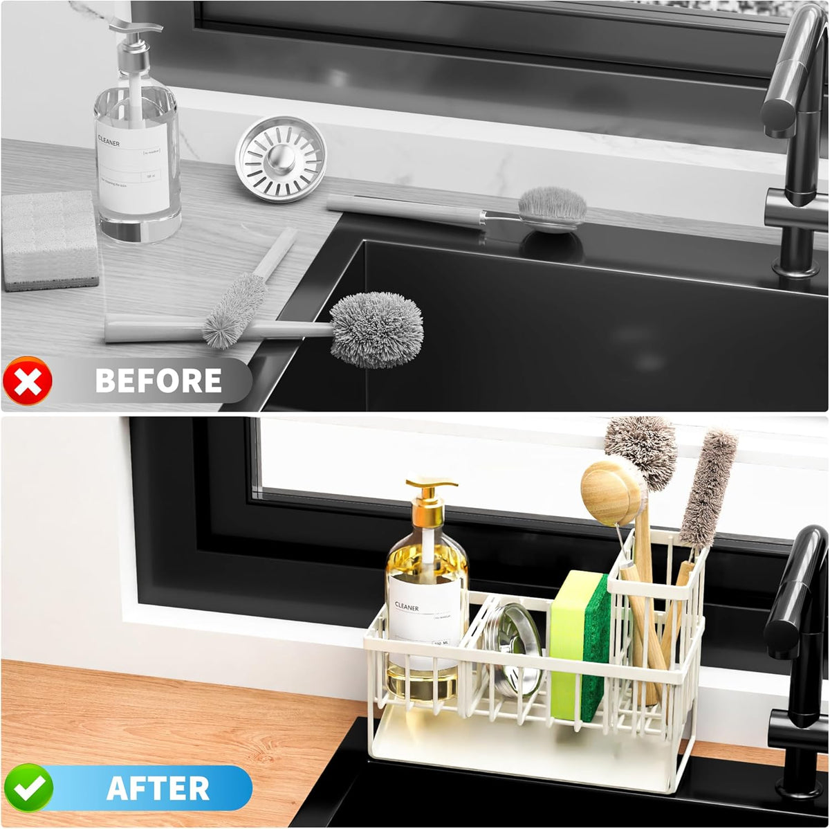 Cisily Kitchen Sink Caddy Organzier with High Brush Holder, Sponge Holder for Sink, 304 Rustproof Stainless, Kitchen Countertop Soap Dispenser Organizer, Kitchen Decor and Accessories (Black) - PuriLite