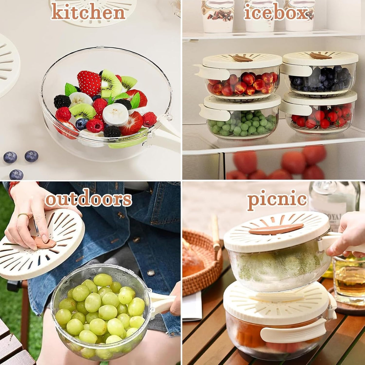 Fruit Vegetable Draining Bowl, Kitchen Strainer with Foldable Handle, Lid, Drain Tray, Rotating Fruit and Vegetable Washing Colander for Salad Mixing, Fruit Washing (White) - PuriLite