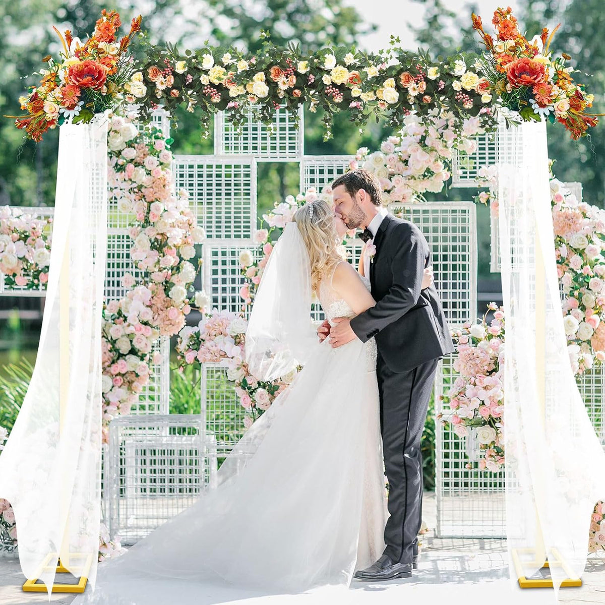 8FT x 8FT Heavy Duty Adjustable Arch Backdrop Stand, Gold Square Back Drop Metal Balloon Arch Stand Kit Frame for Party Wedding Birthday Photobooth Decorations - PuriLite