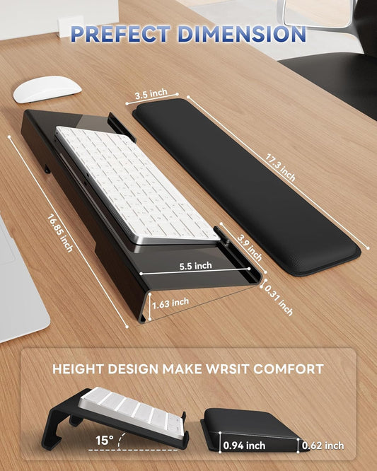 Laborio Acrylic Keyboard Stand with Memory Foam Wrist Rest – Ergonomic Non-Slip Computer Keyboard Holder for Office & Home Desk (Black + Black Wrist Pad) - PuriLite