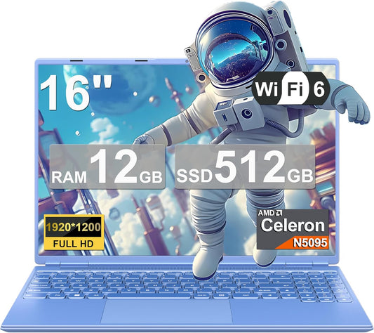 NOTODD Laptop 16" 12GB LPDDR4 512GB SSD Celeron N5095 Up to 2.9Ghz Quad-Core Win 11 PC 1920*1200 2K Screen Dual WIFI Support 2.5" HDD 1TB SSD Expand with Cooling Fan Numeric Keypad for Business-Blue - PuriLite
