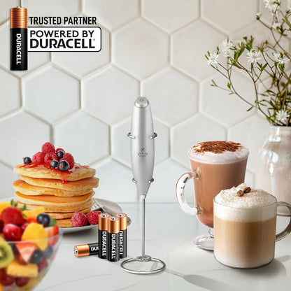 Zulay Kitchen Powerful Double Whisk Milk Frother Handheld - Foam Maker with Stand - Whisk Drink Mixer for Coffee, Mini Foamer for Latte, Matcha, Frappe, Hot Chocolate & Cappuccino (Black) - PuriLite