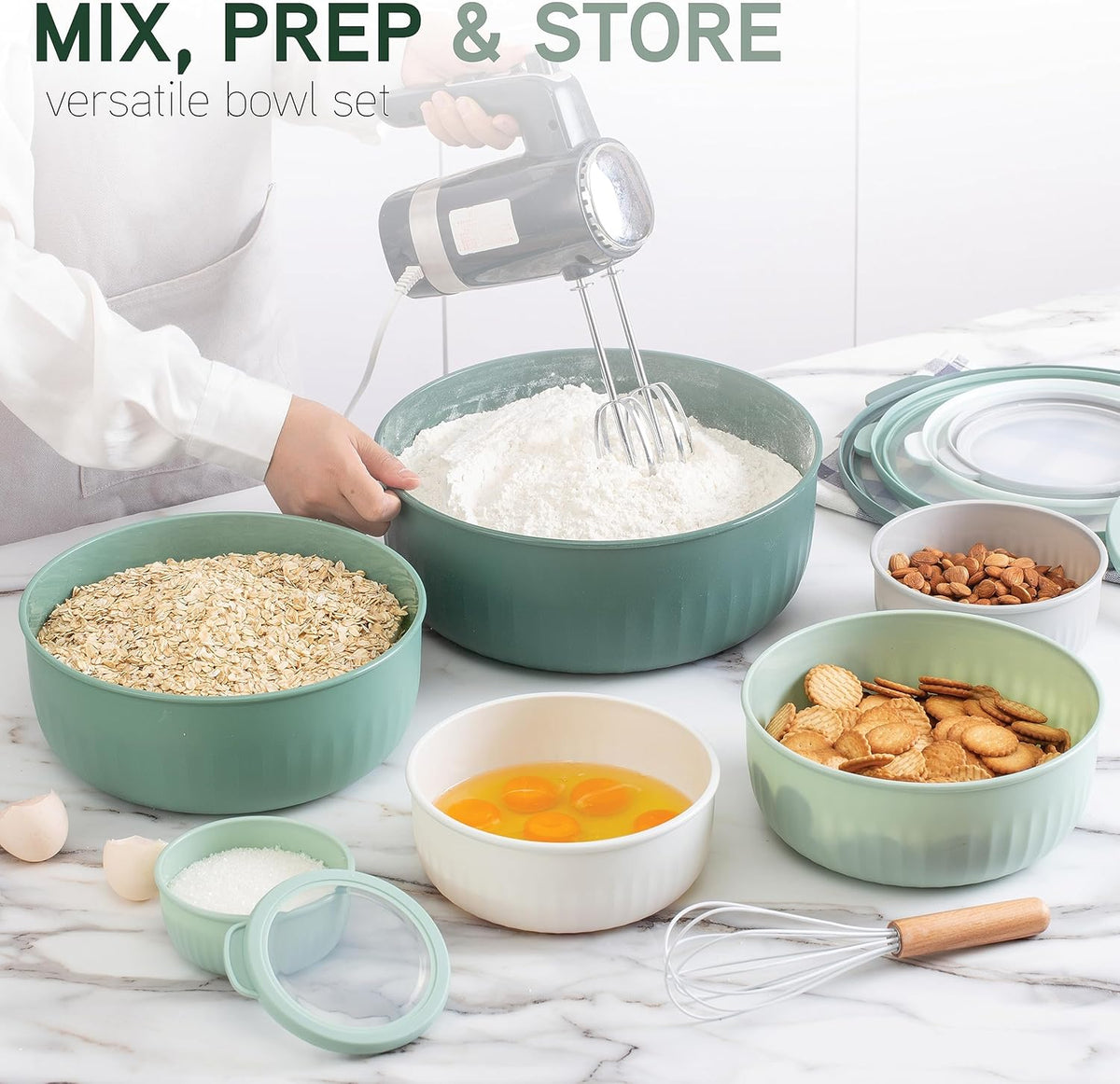 COOK WITH COLOR Prep Bowls with Lids- 8 Piece Nesting Plastic Small Mixing Bowl Set with Lids (Teal Ombre) - PuriLite