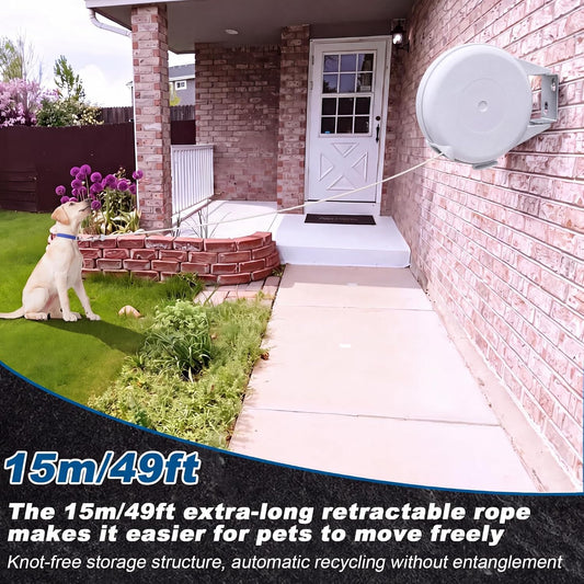 Retractable Dog Tie Out Reel Wall Mounted, White, 49ft